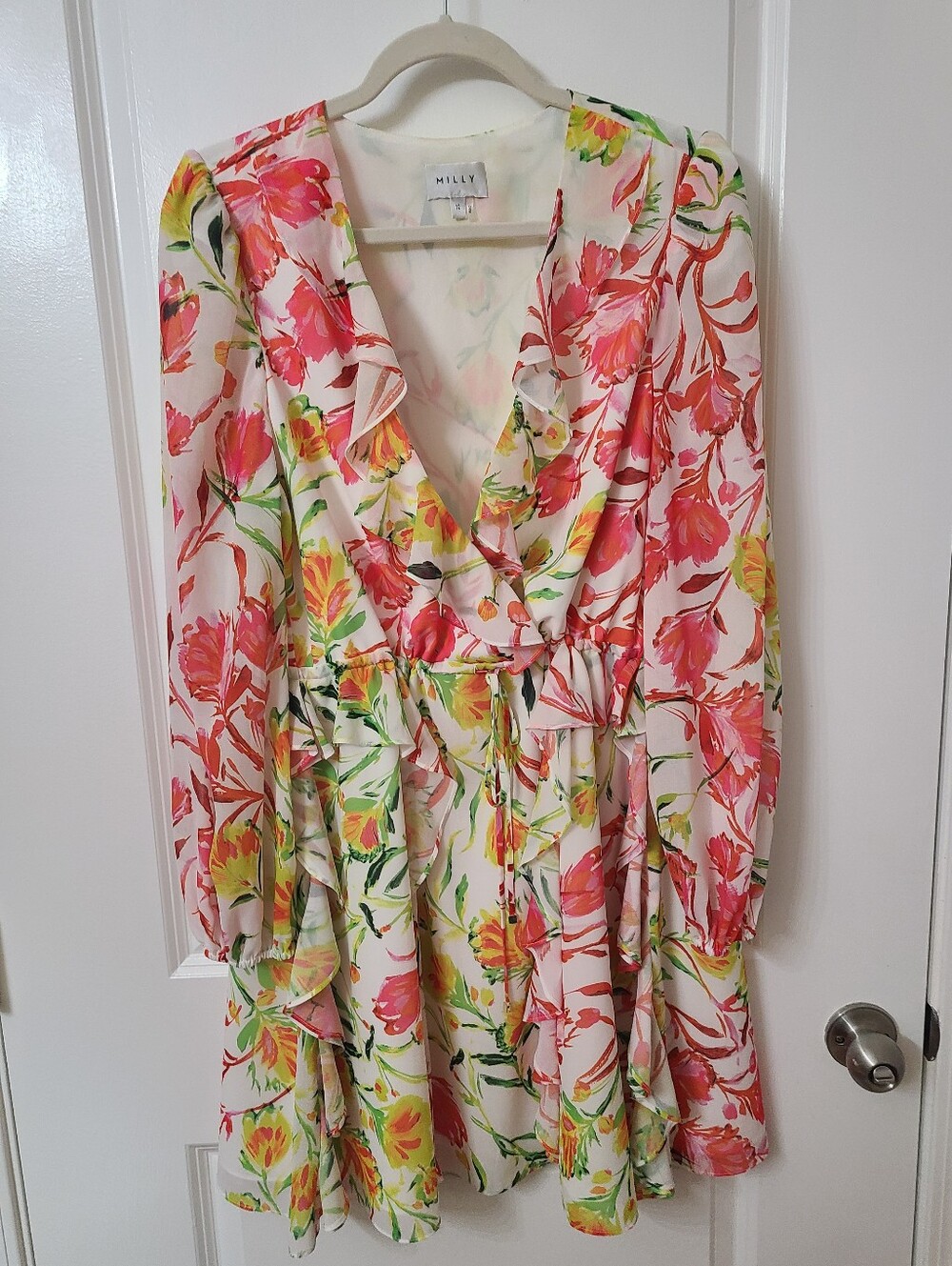 Milly Aydrey - Coral Pink and Green Floral Ruffle Wrap Dress